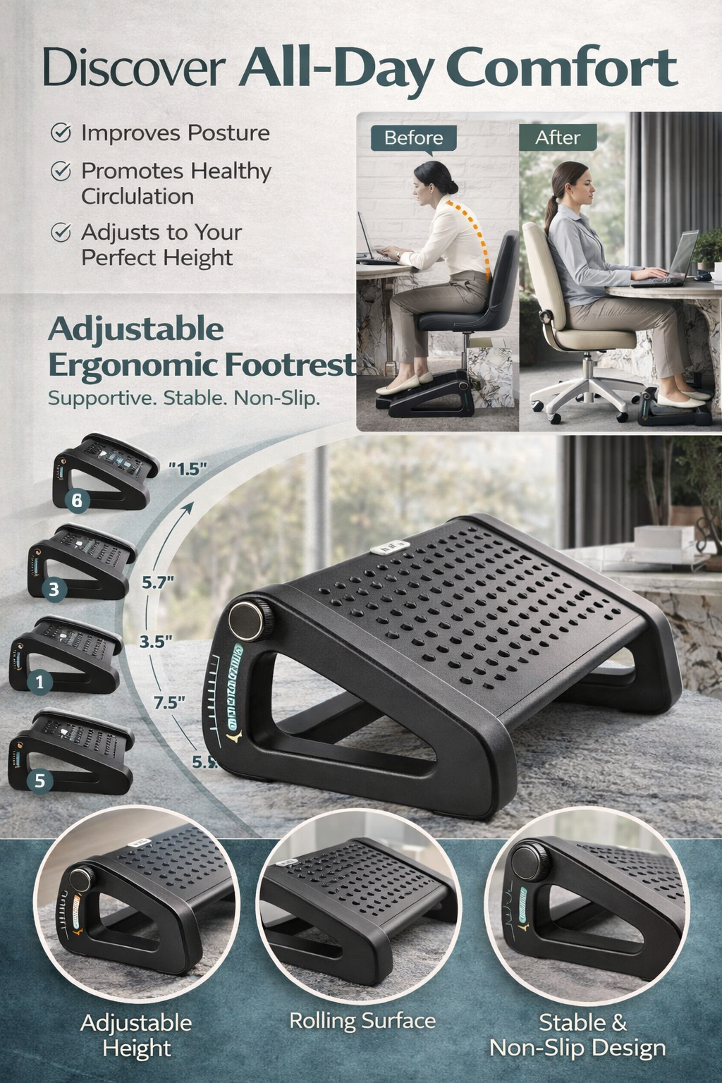 FlexLift™ Adjustable Under-Desk Foot Rest with Massage Rollers