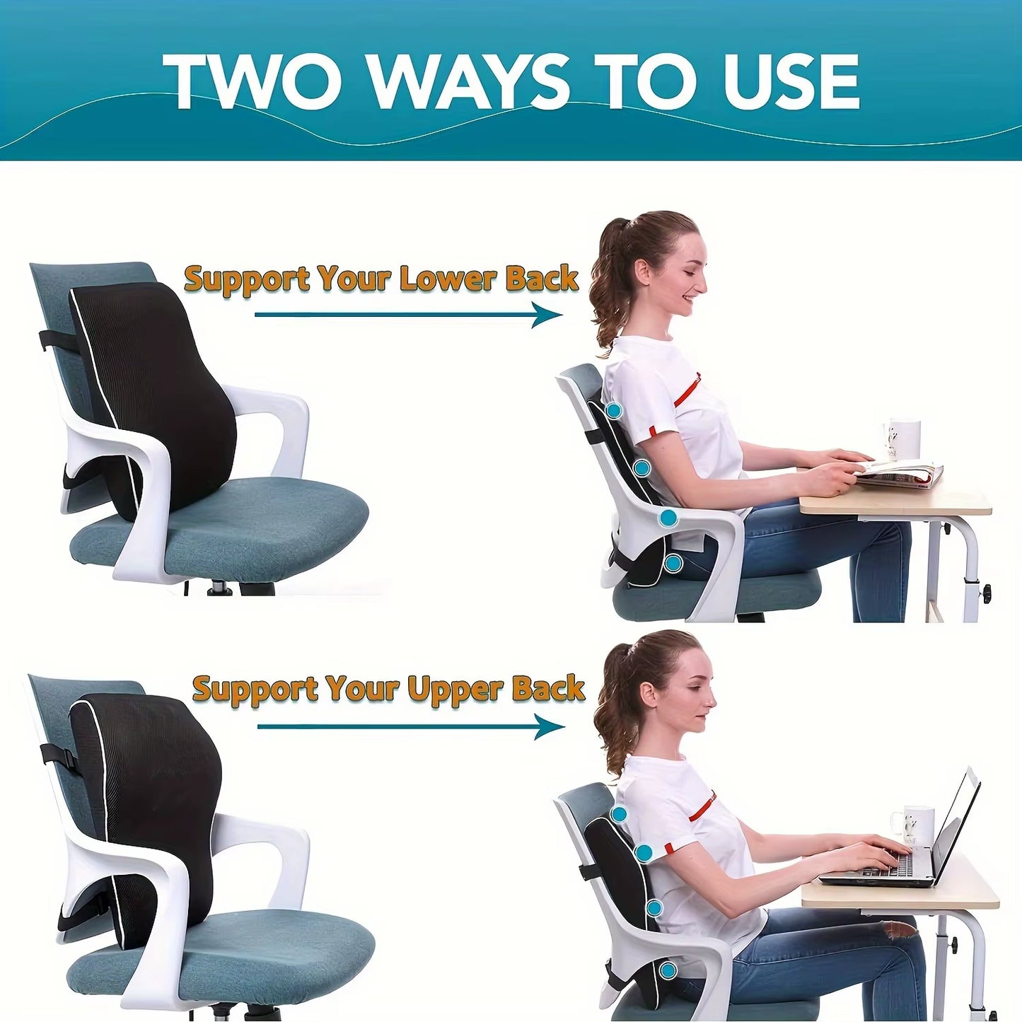 Memory Foam Lumbar Pillow for Lower Back Pain - Adjustable Support, Breathable Mesh, Universal Straps for Office Chair & Car.