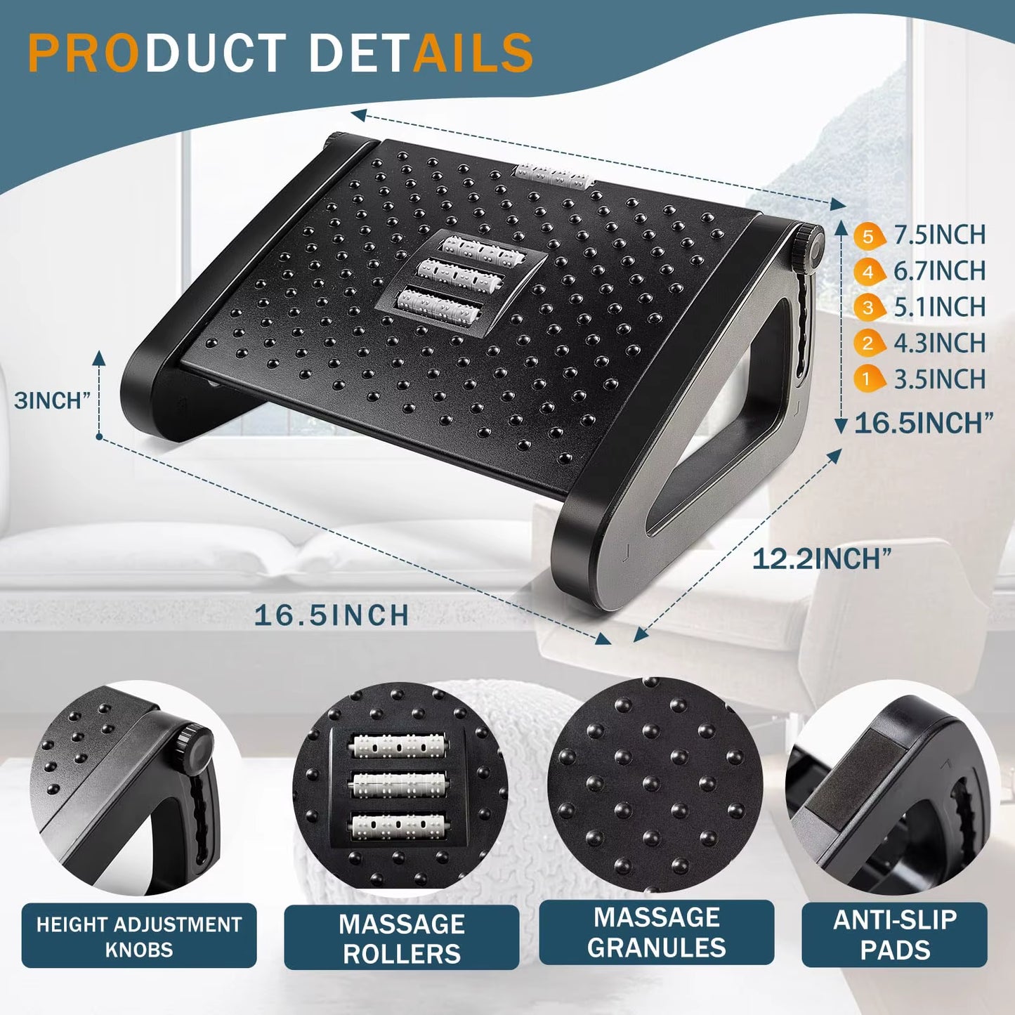 Foot Rest for under Desk Adjustable Foot Rest Ergonomic Foot Stool Massage for Pressure Relief Portable Footstool Leg Rest Desk