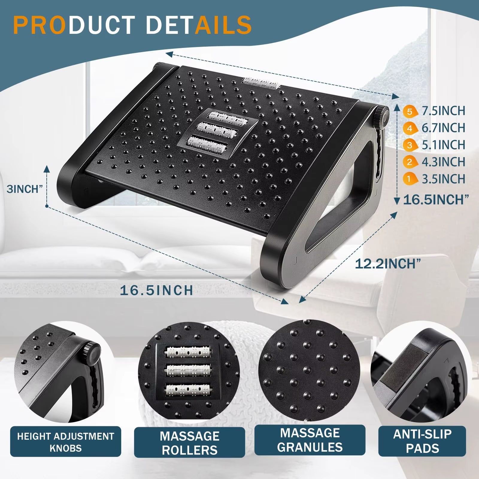 Foot Rest for under Desk Adjustable Foot Rest Ergonomic Foot Stool Massage for Pressure Relief Portable Footstool Leg Rest Desk