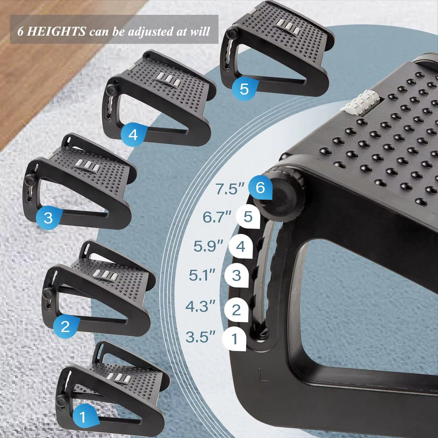 Foot Rest for under Desk Adjustable Foot Rest Ergonomic Foot Stool Massage for Pressure Relief Portable Footstool Leg Rest Desk