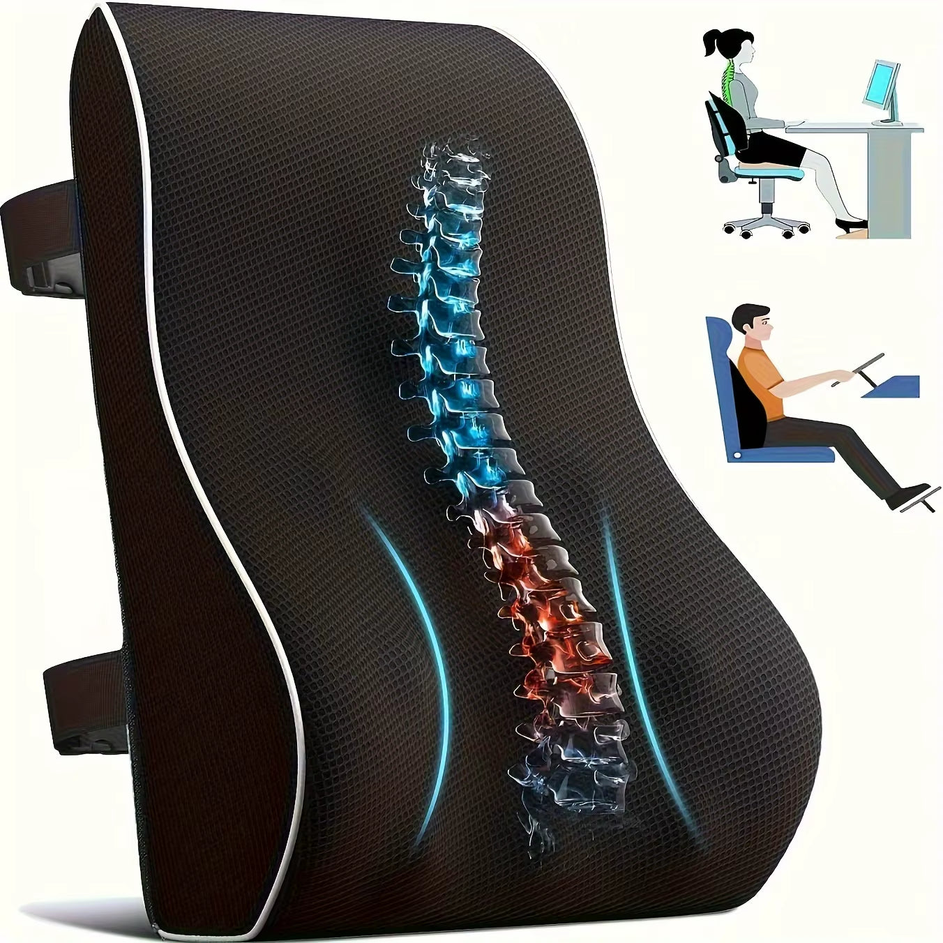 Memory Foam Lumbar Pillow for Lower Back Pain - Adjustable Support, Breathable Mesh, Universal Straps for Office Chair & Car.