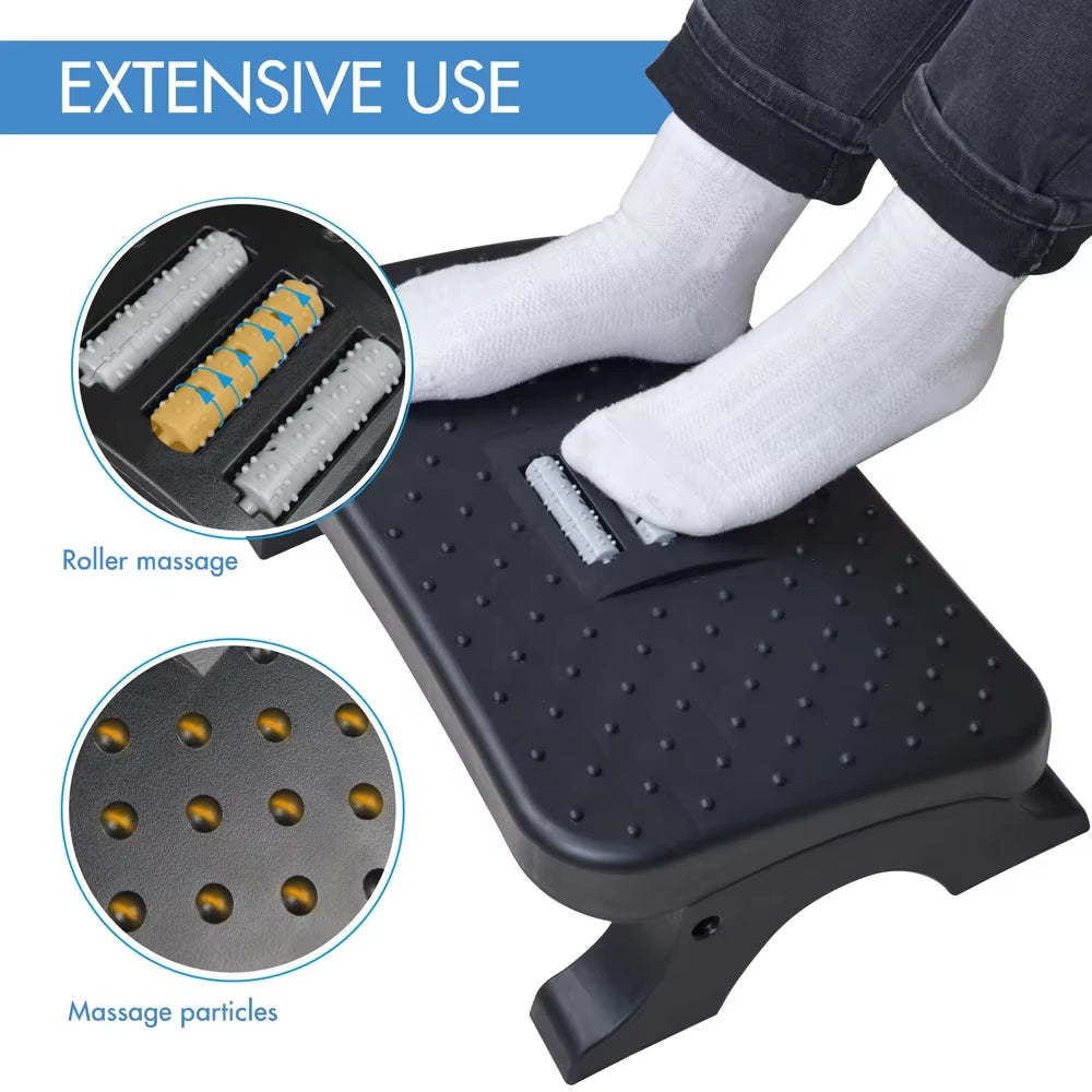 Ergonomic under Desk Footrest with Massage Rollers120Lbs Capacity, Adjustable Height, Pain Relief for Office & Home